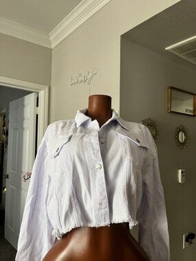 Womens White Distressed Cropped Denim Jacket - Size 2XL